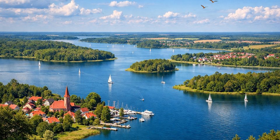 Mirow am Müritz-See — Luftbild über See, Marina und Stadtkern